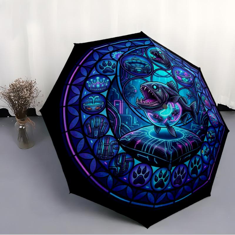 Cybernetic Fish Mandala Pattern Umbrella, Portable and Foldable Design, 8 Ribs, a Casual Accessory for Halloween, Christmas, and Birthday Gifts.