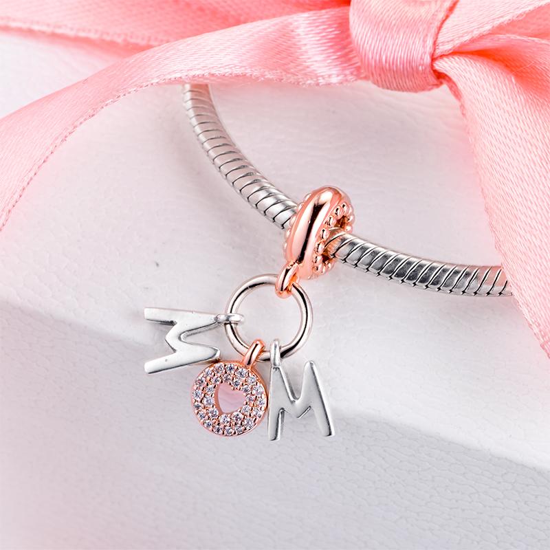Fits Europe Bracelet 925 Sterling Silver Mum Letters Dangle Charms Pendant CZ Beads Women DIY Jewelry Making