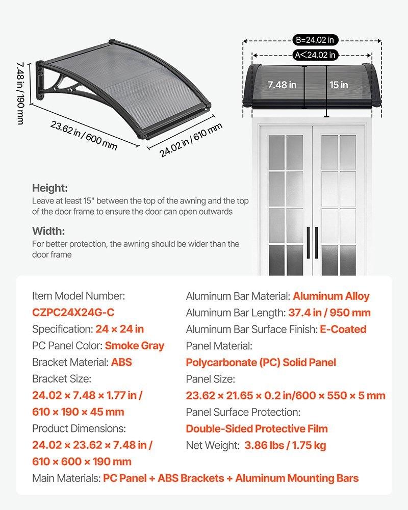 Awnings for Door Entrance, 24 X 24 In, Exterior Front Door Window Awnings with Drainage & ABS Bracket, Rain Snow Sun Protection, Overhang