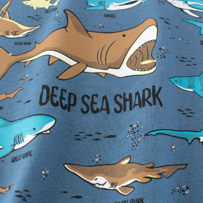 27Kids Children's Clothing Korean Style Kidsren's Round Neck Short-Sleeved T-Shirt Boys Shark Ocean Clothes Baby Boy Pure Cotton Top