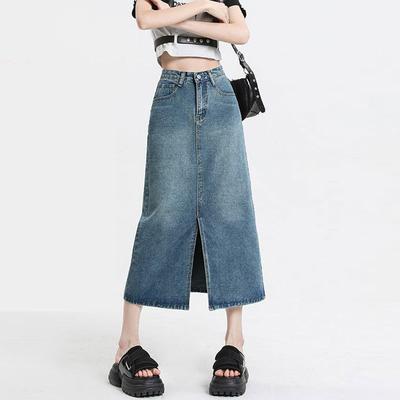 Saia Vintage Meia-corpo Feminina Design Fenda Frontal Cintura Alta Pera A-line Comprimento Médio Reta Pacote Quadril Saia Cowboy Saia Jeans