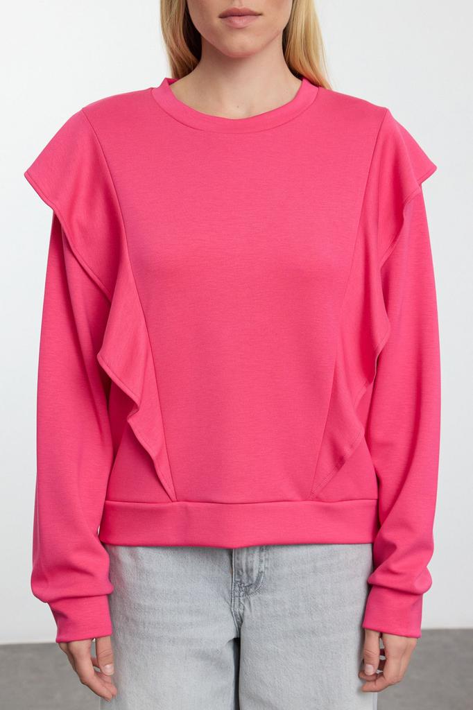 Women's Fashionable Stylish Sweatshirt Fuchsia Ruffle Detailed Relaxed Comfortable Pattern Knitted Sweatshirt