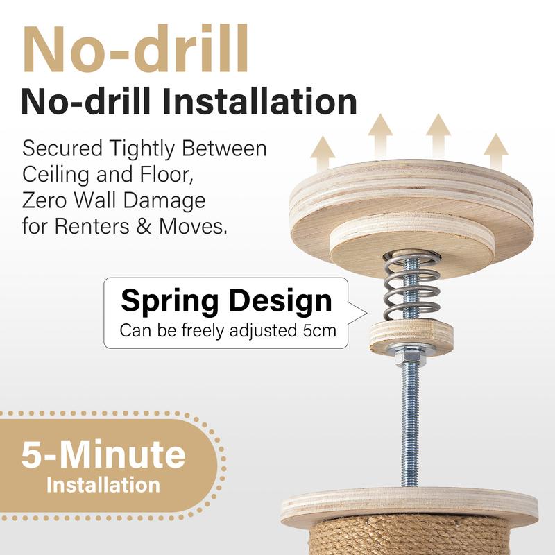 Floor to Ceiling Cat Tree 102-104 in Adjustable Height, Solid Wood Multi-Level Cat Tower with Scratch Post and Hammock for Large Indoor Cats