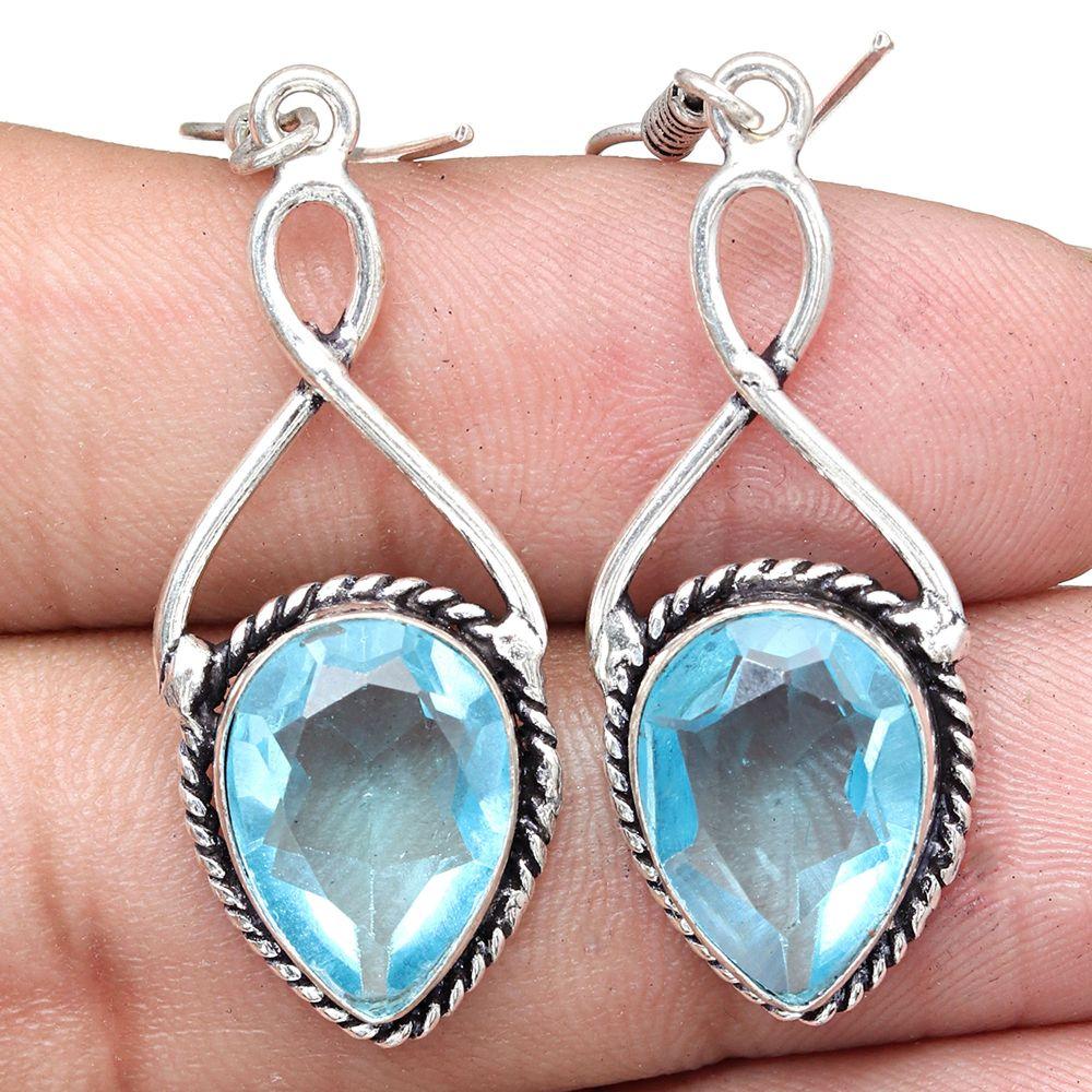 Swiss Blue Quartz Gemstone Handmade Gift For Her Silver Jewelry Earrings 2"