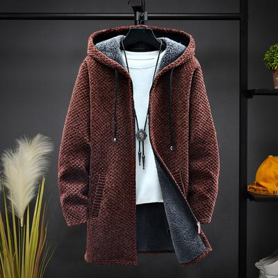Autumn Winter Hooded Sweater Thicken Long Sleeve Drawstring Plush Lining Mid-Length Knitting Jacket Streetwear