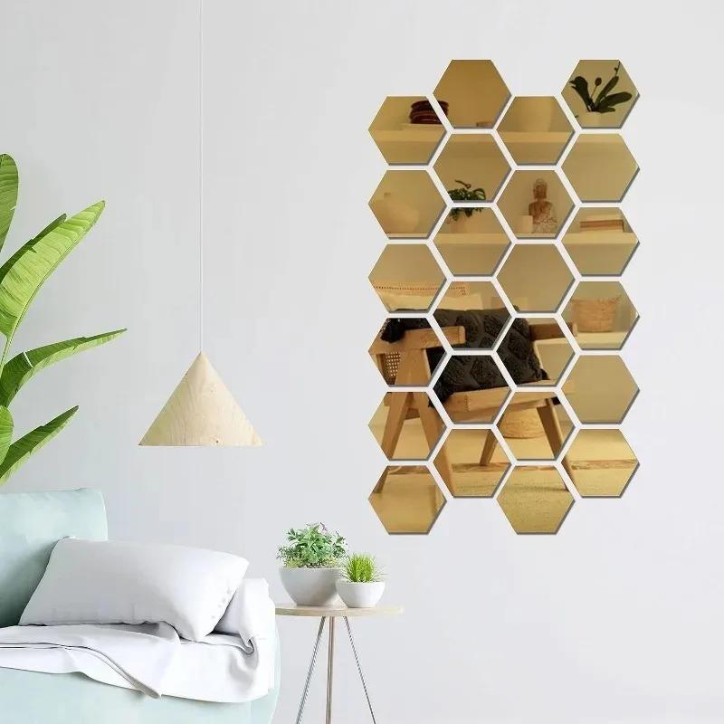 3D Hexagon Mirror Wall Stickers DIY Wall Mirrors Sticker Removable Self Adhesive Aesthetic Mosaic Tiles Decals Home Decoration