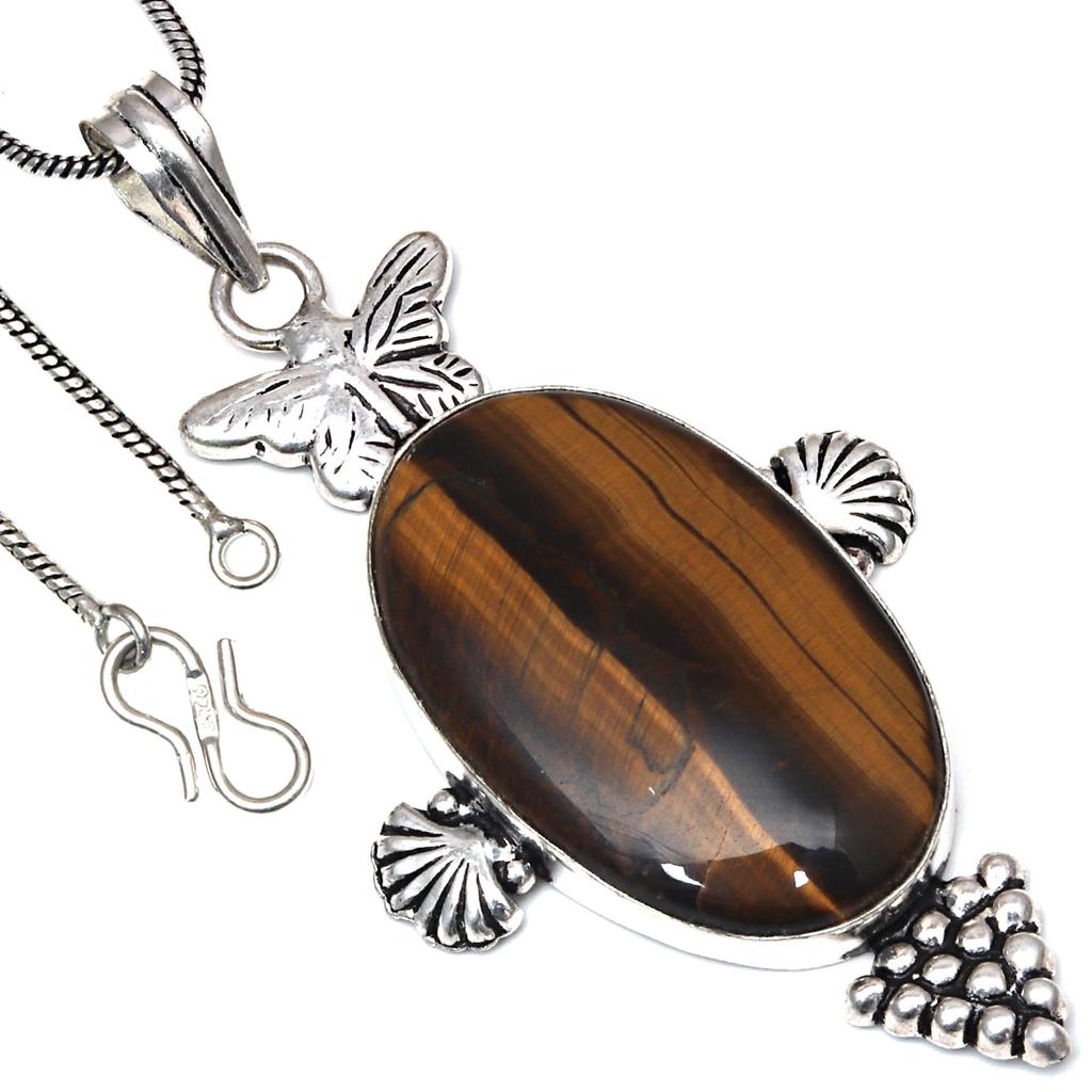Pendant Tiger's Eye Gemstone Handmade Gift For Her Ethnic Silver Jewelry 3"