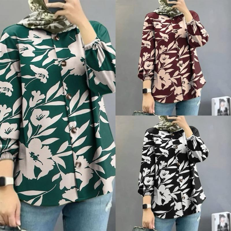 Plus Size Women's New Fashion Puffed Sleeve Floral Shirt