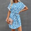 Womens Summer Short Dresses O Neck Casual Batwing-Short Sleeve Belted Dress For Women