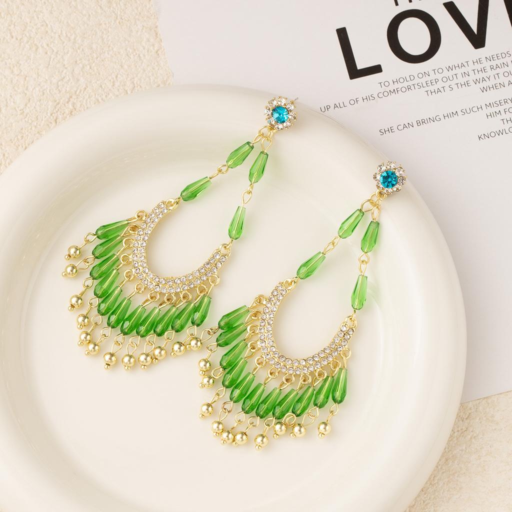 Green Exaggerated Fringed Pendant, Stud Earrings With Diamonds, High-End Temperament Earrings, Light Luxury Niche Earrings.