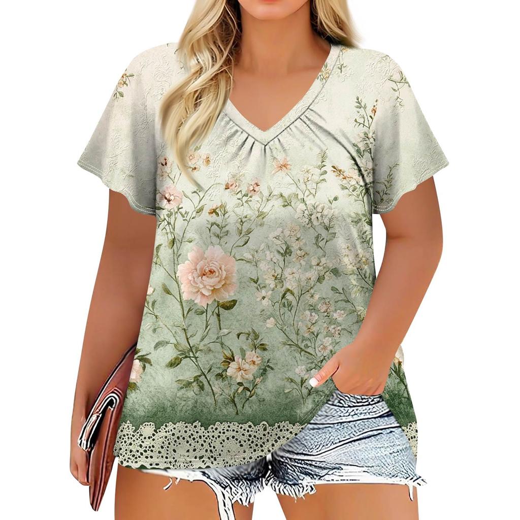 Women's Fashion Casual Printed  V-Neck Short Sleeve Large Size T-Shirt Top
