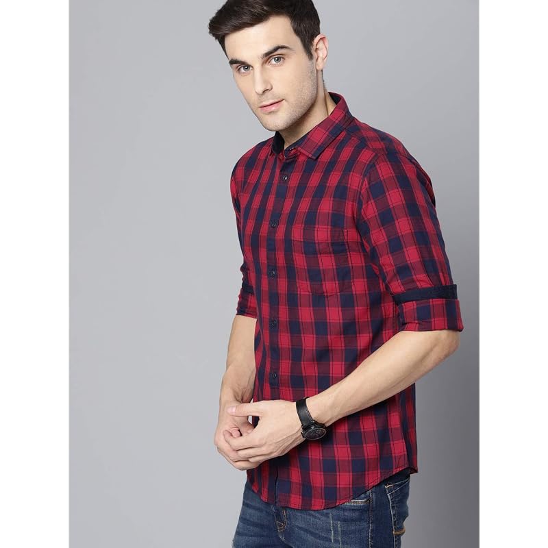 Dennis Lingo Men' Checkered Slim Fit Casual Shirt (C4 Red )