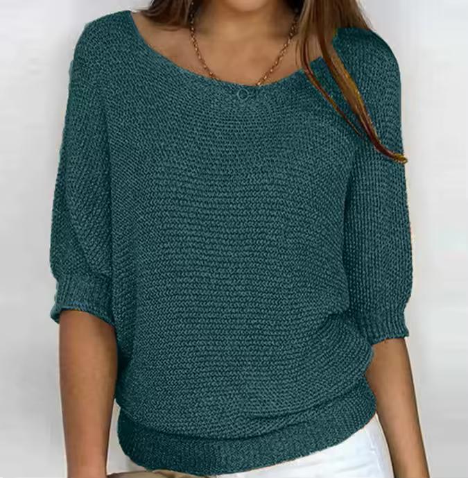Spring Women's Sweater Pullover Temperament Commuting Tops Solid Color Round Neck Three Quarter Sleeve Knitted Sweater Top