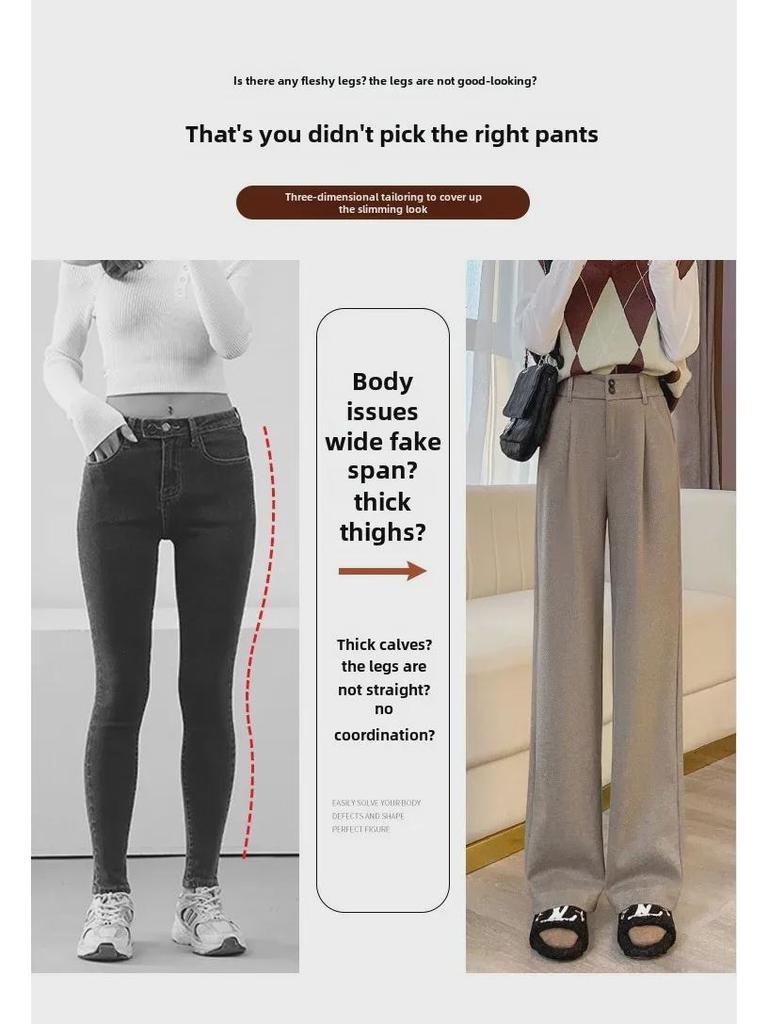 High-Waisted Woolen Wide-Leg Pants for Women: Velvet-Lined, Pleated, Slimming, Apricot Color, Perfect for Autumn & Winter