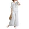 Retro Cotton Linen Print Women's Two-Piece Set: Summer Pullover & Lightweight Wide-Leg Pants with Slimming Top, Short Sleeve