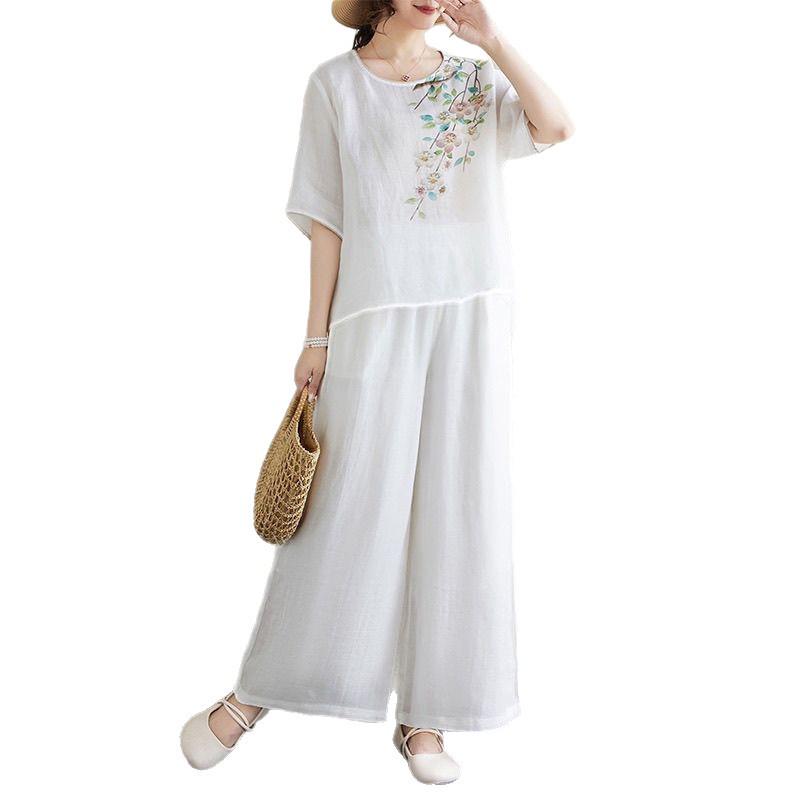 Retro Cotton Linen Print Women's Two-Piece Set: Summer Pullover & Lightweight Wide-Leg Pants with Slimming Top, Short Sleeve
