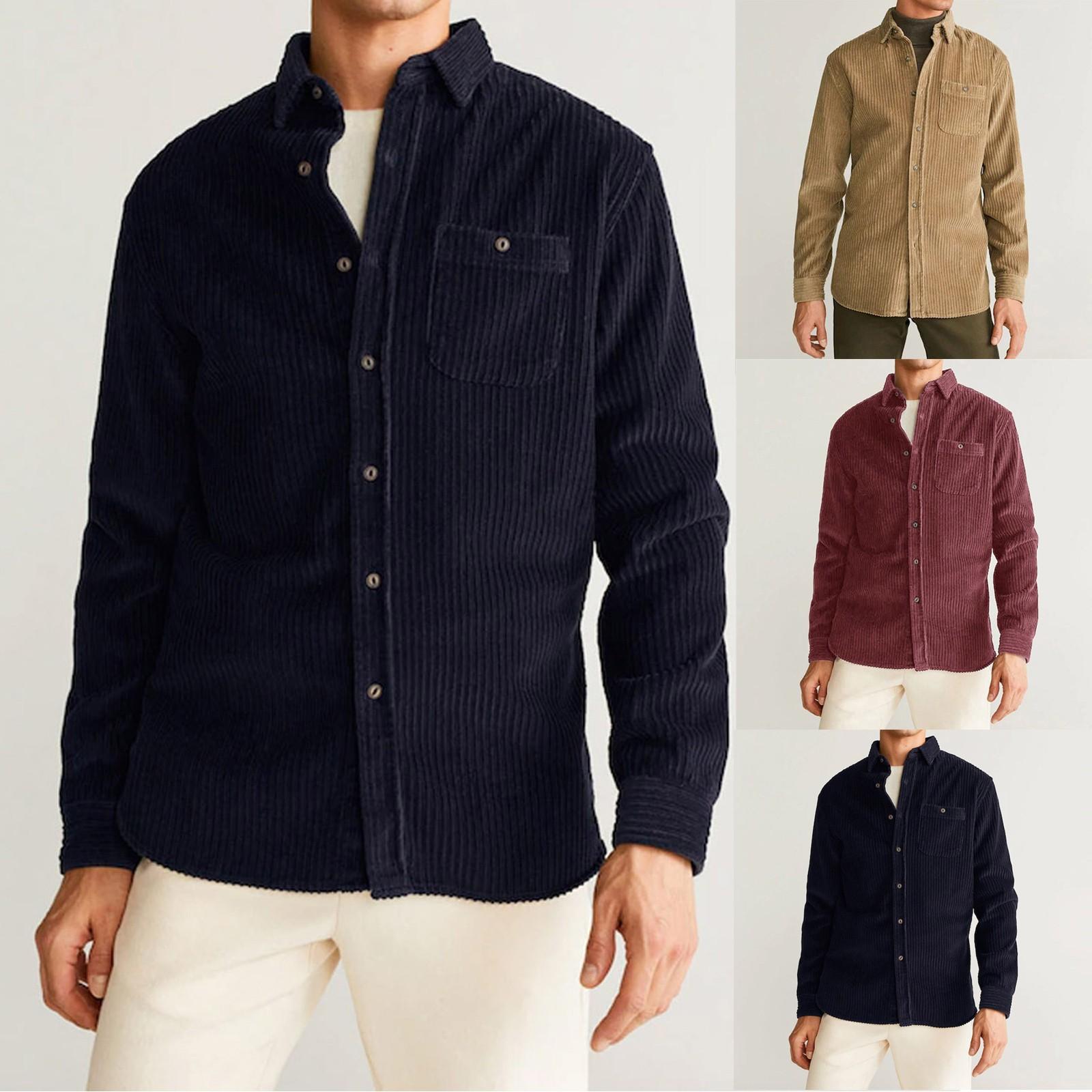 

Мужская новая вельветовая однотонная повседневная свободная рубашка с длинными рукавами и карманами на пуговицах, топ
