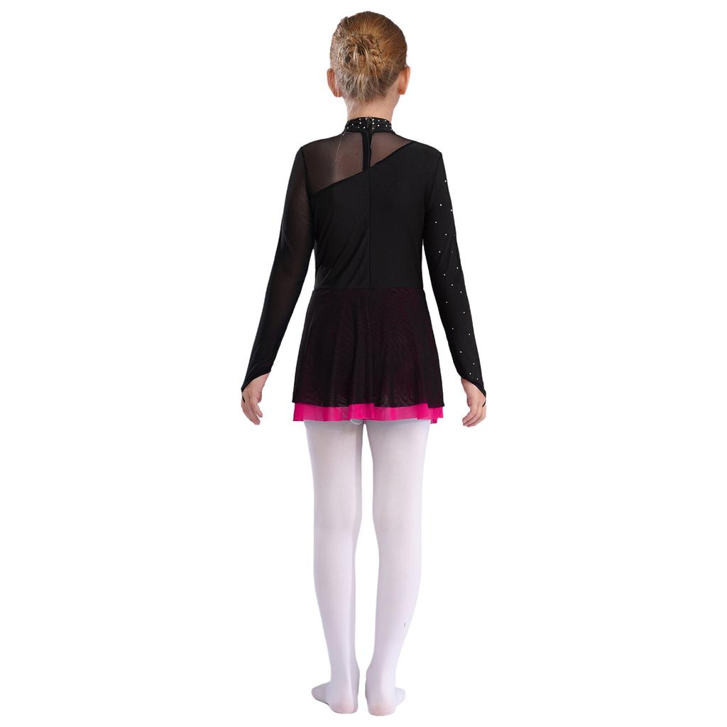 Girls Figure Skating Dress with Sparkly Rhinestones Sheer Mesh Patchwork Long Sleeve for Dance Performance