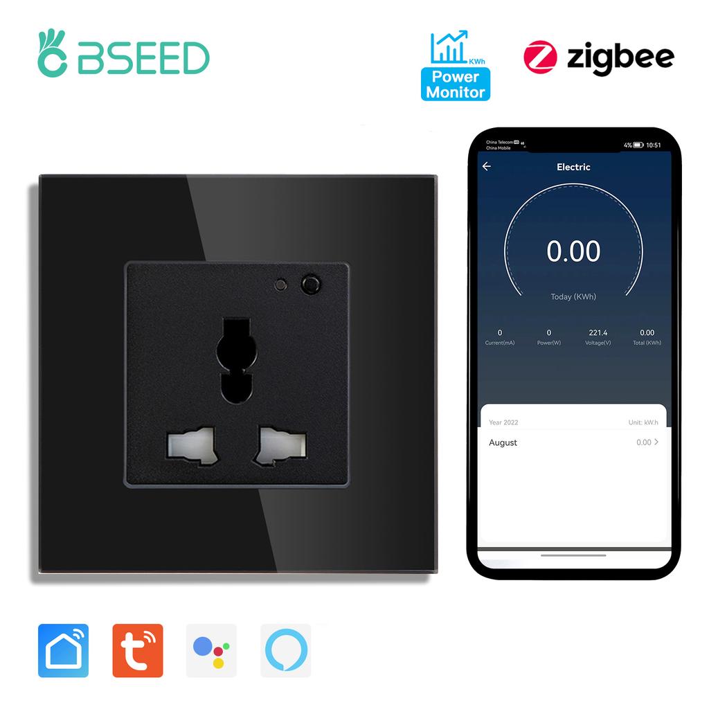 BSEED Zigbee Soquetes Inteligentes Universais Monitor de Potência Soquete de Energia Multifuncional Controle por App Tuya Smart Life Alexa Estrutura de Vidro
