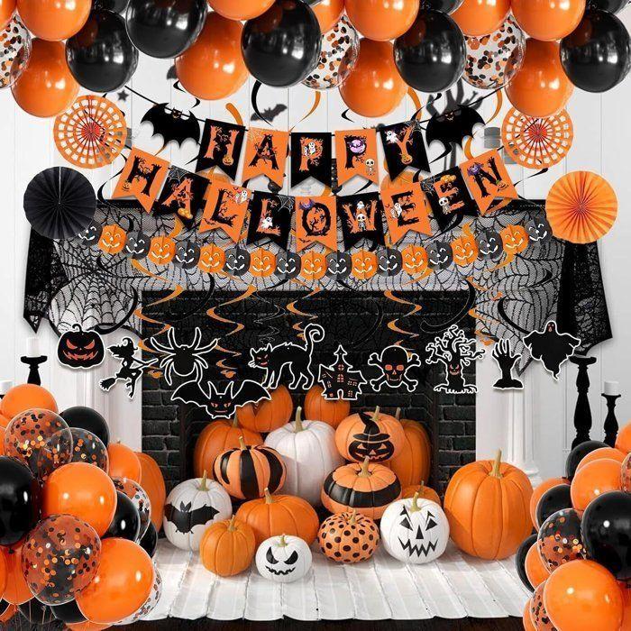 Kit de décoration Halloween - AIMOONSA - 47 pièces - 4 éventails papier - 10 spirales métalliques - 30 ballons