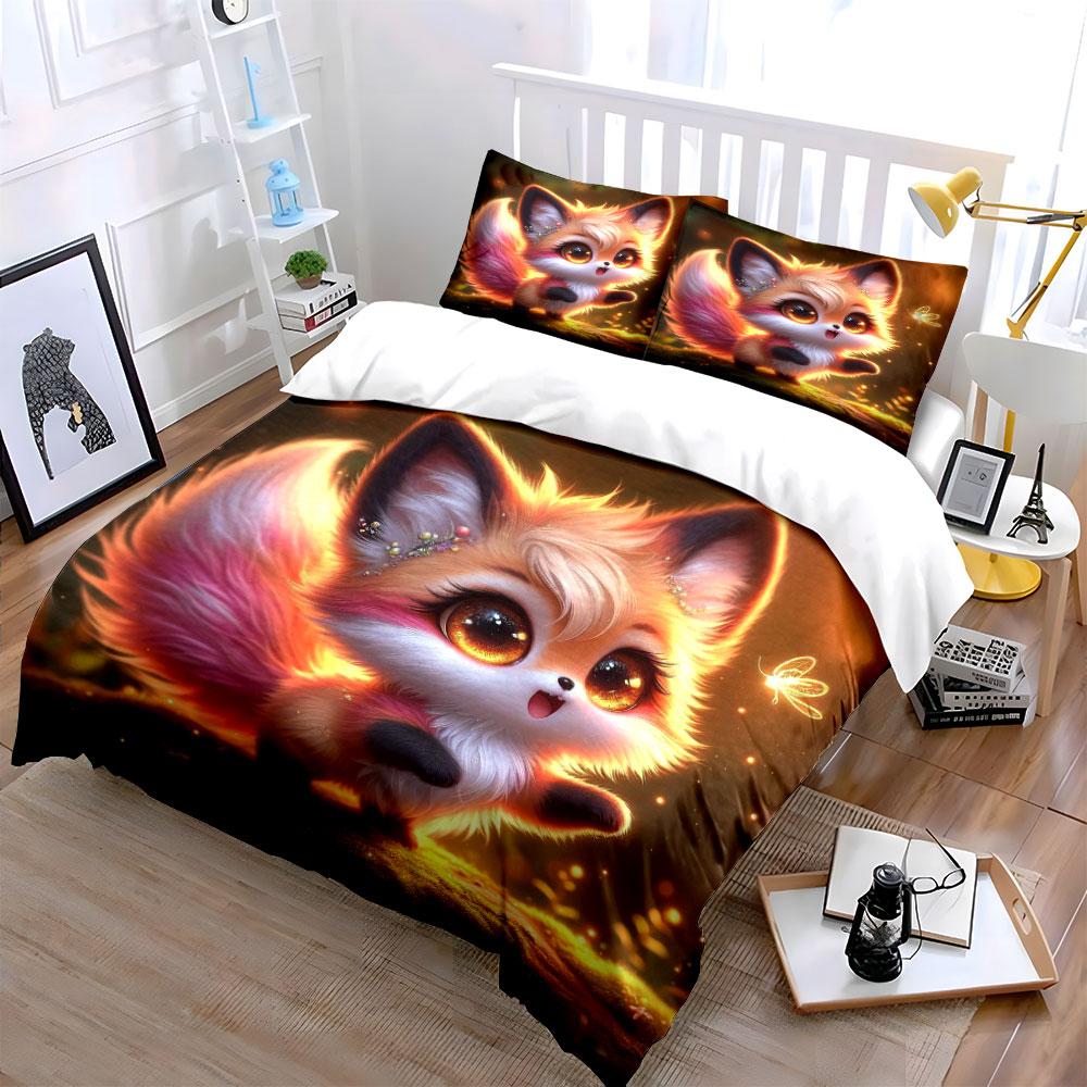 3Pcs Fantasy Woodland Cute Little Fox Duvet Cover Set With 3D Printing Design Soft Polyester Bedding Set All-Season Comfort