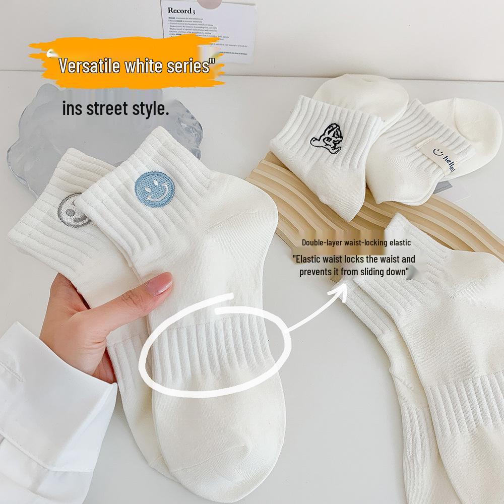 Women’s Spring/Summer Ankle Socks - Cute Smiley Face Embroidery, Japanese Style, Unisex Pure Cotton Sport Socks
