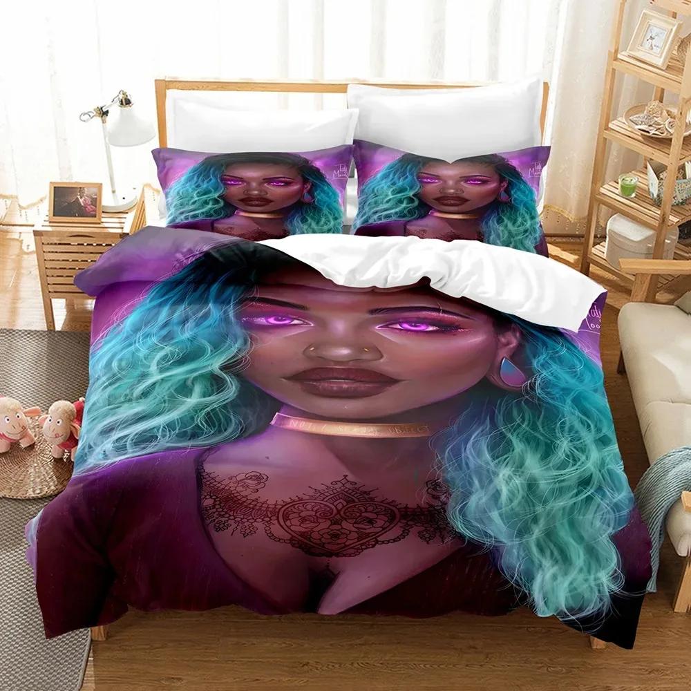 African Duvet Cover Set King Queen Size Modern Stylish Black Woman with Garland Decorative Polyester Bedding Set for Girls Women