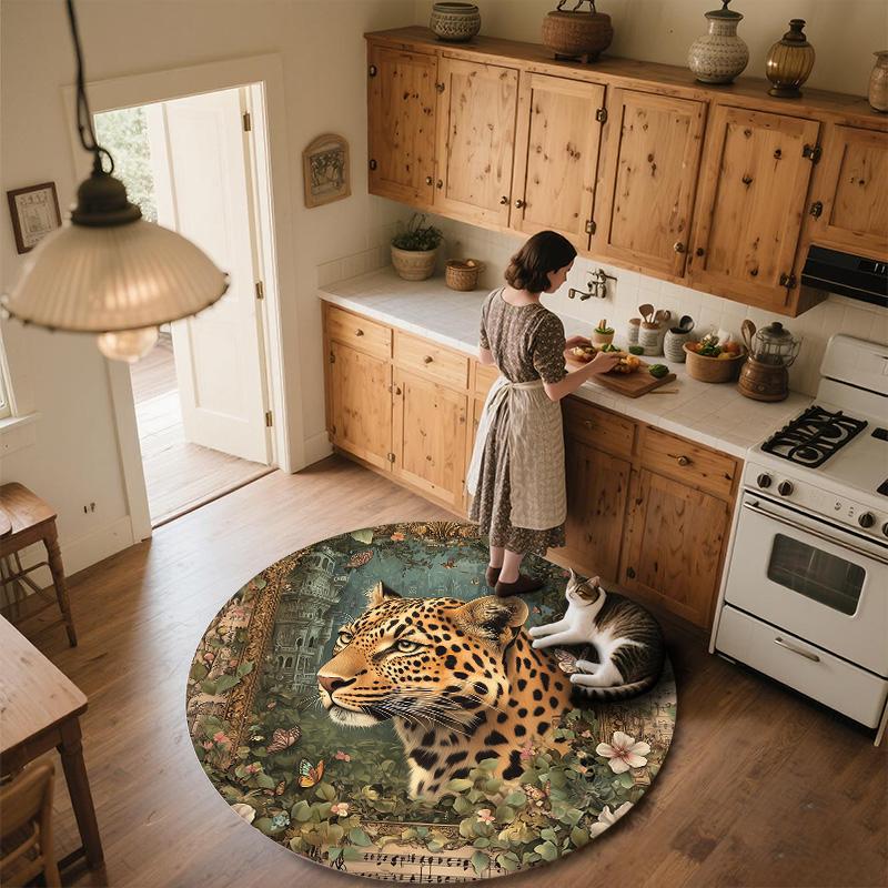 Forest Leopard,Round Area Rug,Carpet Rug for Living Room Bedroom Sofa Playroom Decor,Non-slip Floor Mat