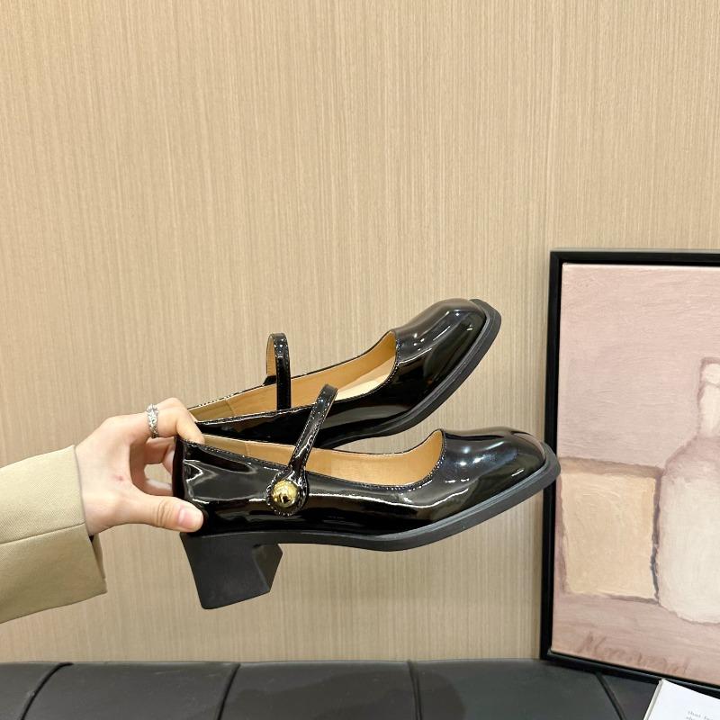 Women's Square Head Shallow Mouth Splicing A Word with Anti-slip Wear-resistant High Heels Spring New Coarse Heel Shoes