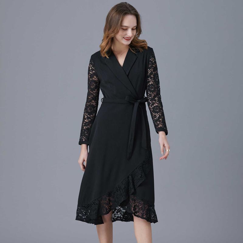 Black Hepburn-Style Patchwork Lace A-Line Dress - Plus Size, Mid-Length, Autumn/Winter Collection