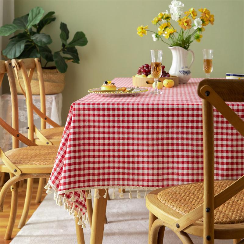 Linen Cotton Check Fringe Tablecloth Simple Rectangular Dining Table Cover