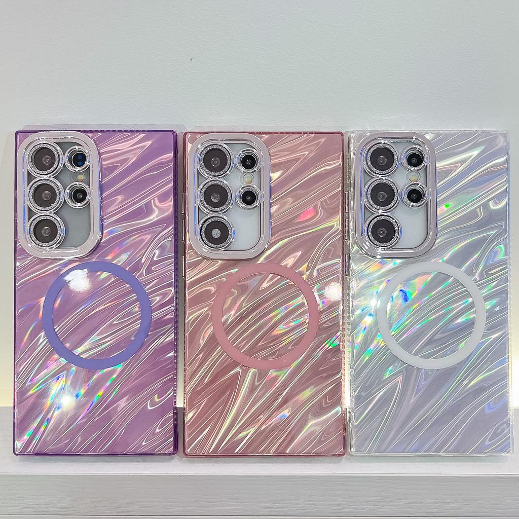 Laser Magnetic Suction Suitable for Samsung S25 Ultra Mobile Phone Case S24 Shell Pattern A56 Electroplated Flash Powder Lens Film