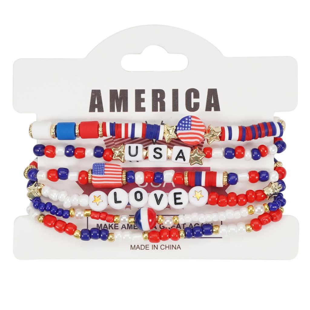 Pack of 6 Fashionable Patriotic Beaded Bracelets Elastic July 4th Jewelry Americans Flag Star Charm Party Accessories