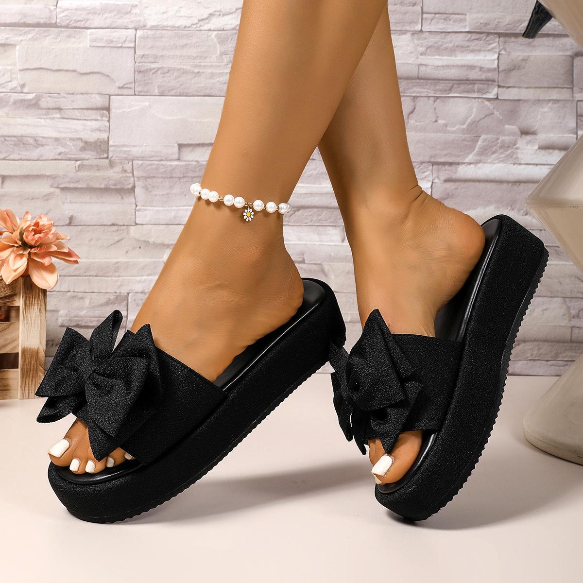 

Foreign trade large size muffin thick-bottomed slippers women s 2025 fashion outer wear one-word drag bow cool slippers spot 43 чёрный