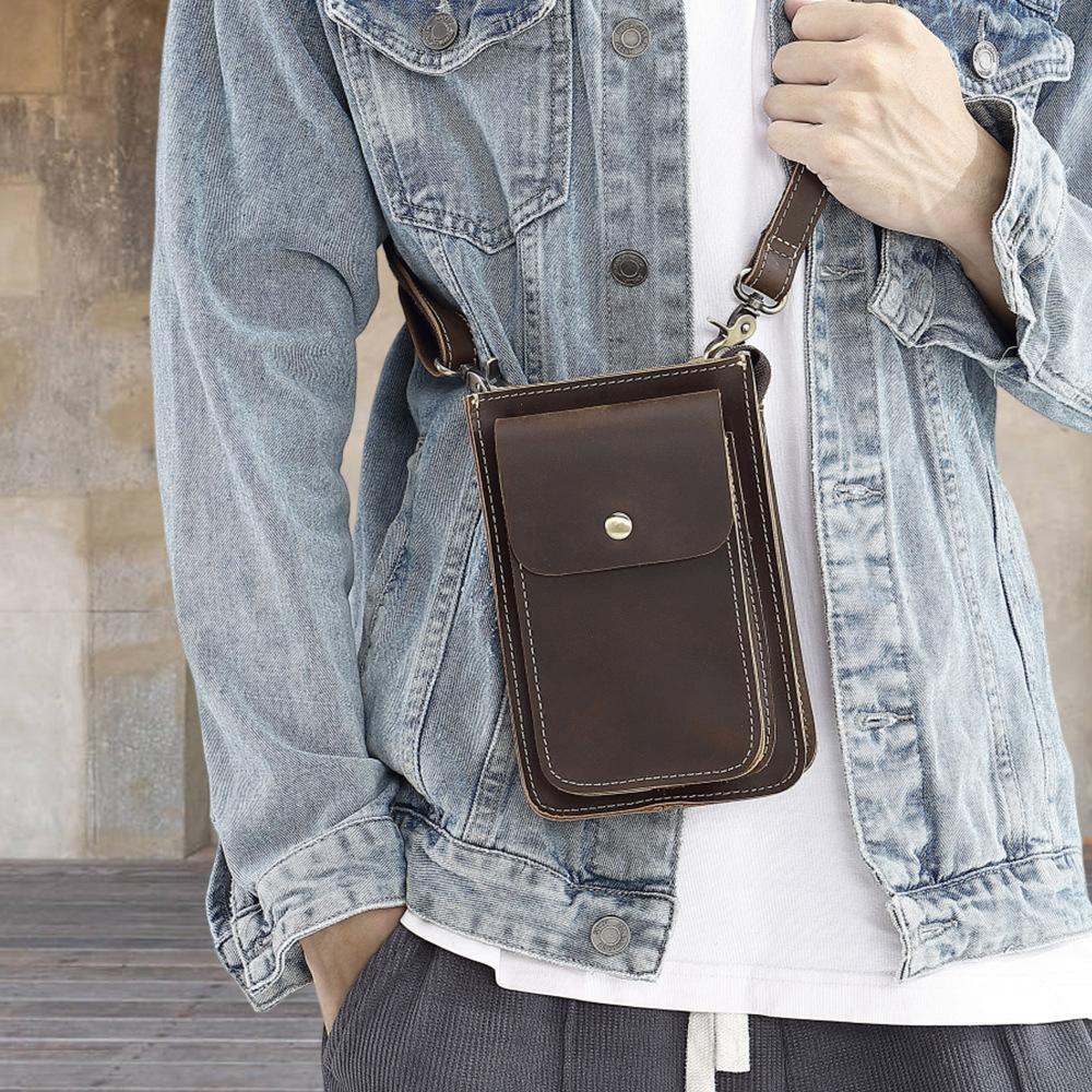 Head Layer Cowhide Phone Bag, Multifunctional Waist Bag, Genuine Leather Crossbody Bag, Shoulder Bag, Outdoor Belt Waist Bag