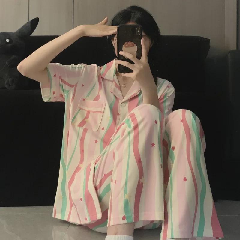 Dopamine Pajamas: Women's Three-Piece Cardigan Set with Short Sleeve, Shorts, and Long Pants