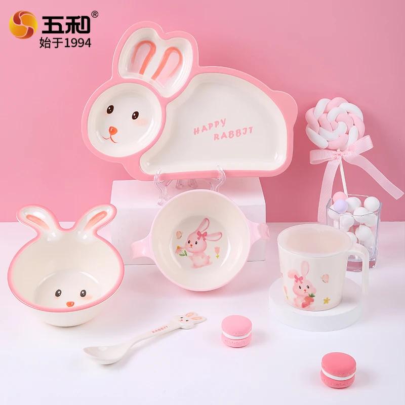 Pink Bunny Baby's Tableware Anti-scald Double-eared Plate Rabbit Shaped Complementary Food Bowls Anti-Fall Cartoon Dinner Plates
