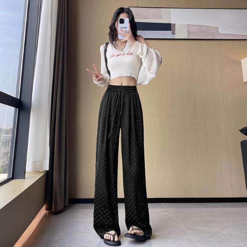 

Womens Elastic Waist Drawstring Rhinestone Wide Leg Pants S чёрный