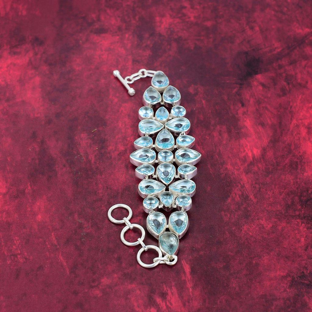 Blue Topaz Bracelet, 925 Solid Sterling Silver Gemstone Jewelry, Handmade Bracelet For Mother Day