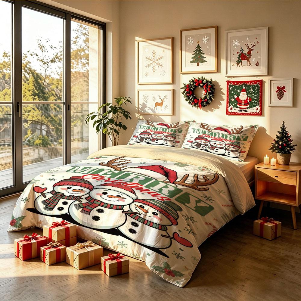 Christmas Duvet Cover Set 3Pcs Cute Cartoon Snowman Reindeer Antler Print Soft Microfiber Bedding with Pillowcases