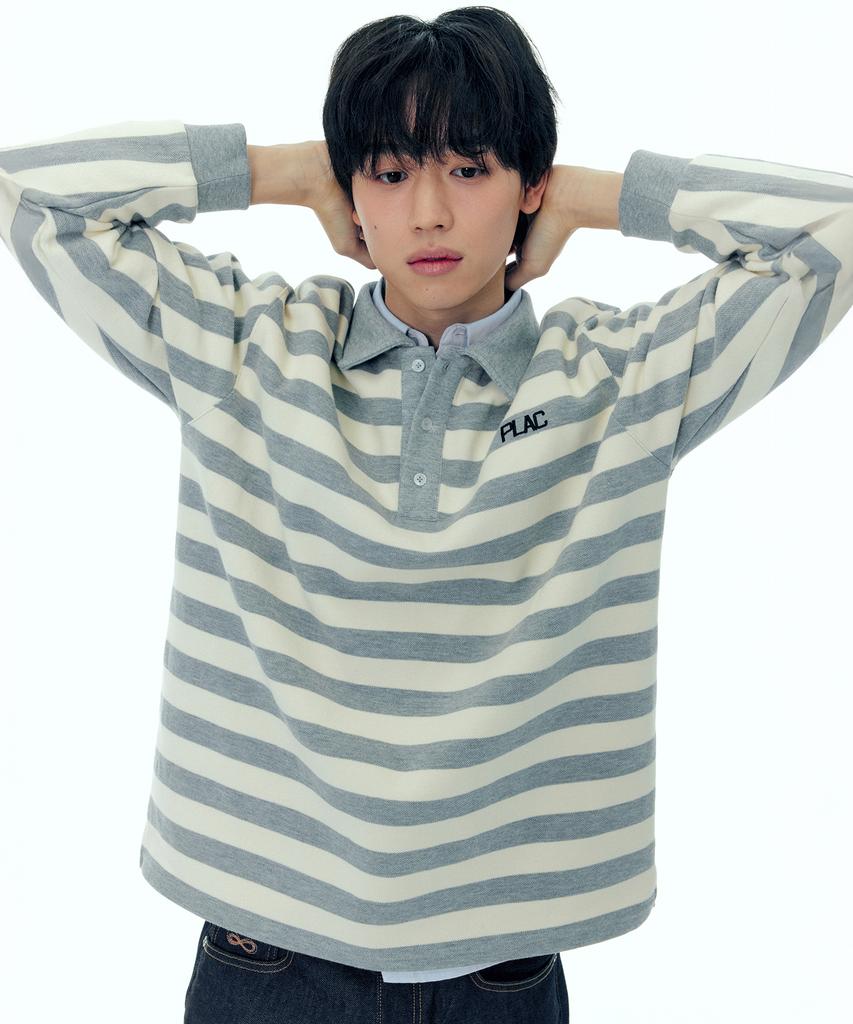 PLAC Rugby Striped Polo Shirt Grey
