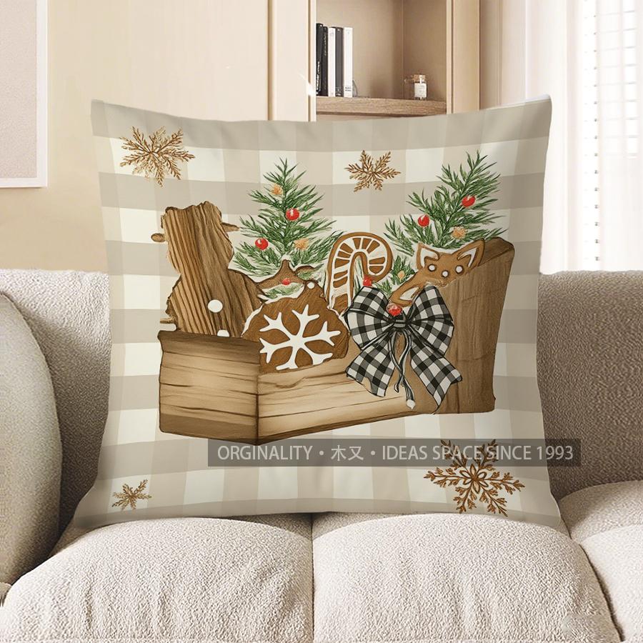 Home Decor Gingerbread & Snowflakes Merry Christmas Pillow Pattern Cushion Cover Suitable For Sofa Bedroom Car Pillow Cover