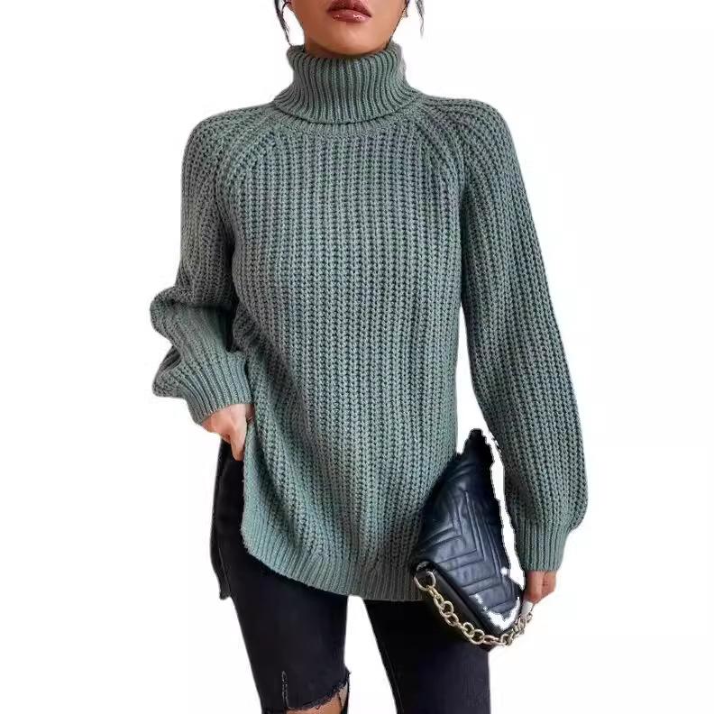 Autumn Winter Knitwear Mid Length Raglan Sleeve High Collar Split Hem Sweater Dress Luxurious Relaxed-fit Slimming and Versatile Top