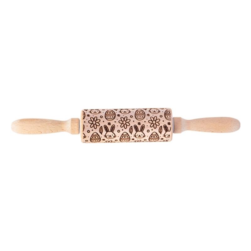 Easter Pattern Rolling Pin Rabbits Carrot Engraved Solid Wood Embossed Cookie Rolling Pin Pastry Dough Flour Roller