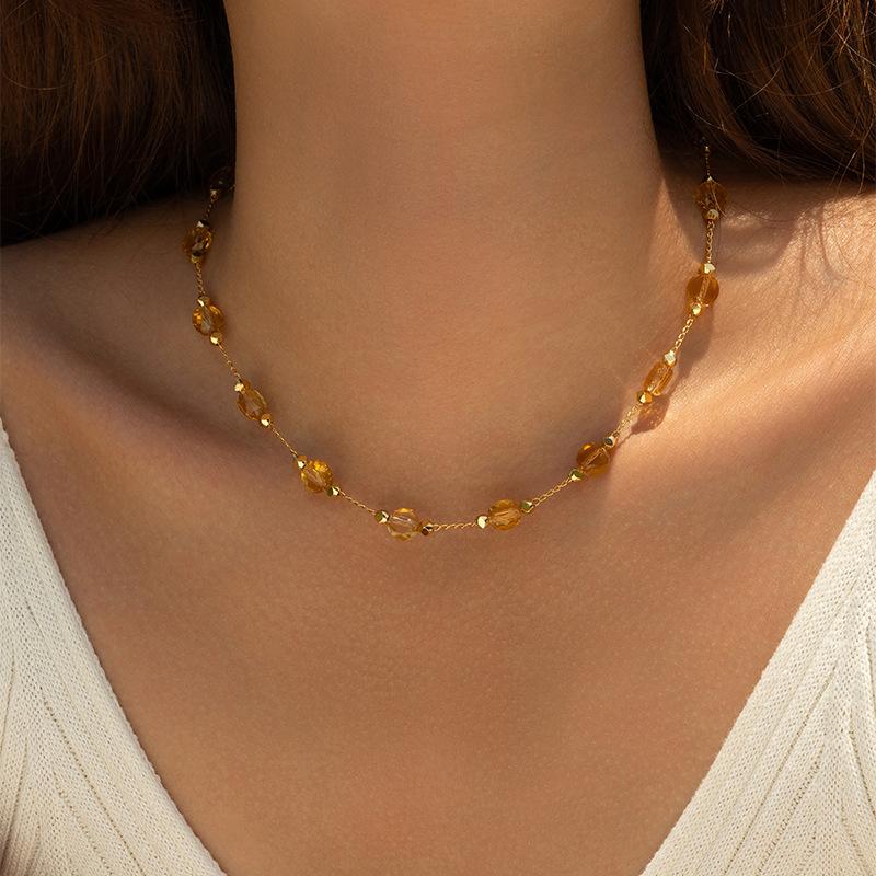 Cadena de Collar de Cuentas de Cristal Transparente Facetado Chapado en Oro Con Extensión
