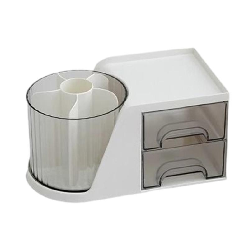 Desk Organiser with Drawer Rotatable Pen Holders Multifunctional Storage Box Table Organiser for Office School Home белый