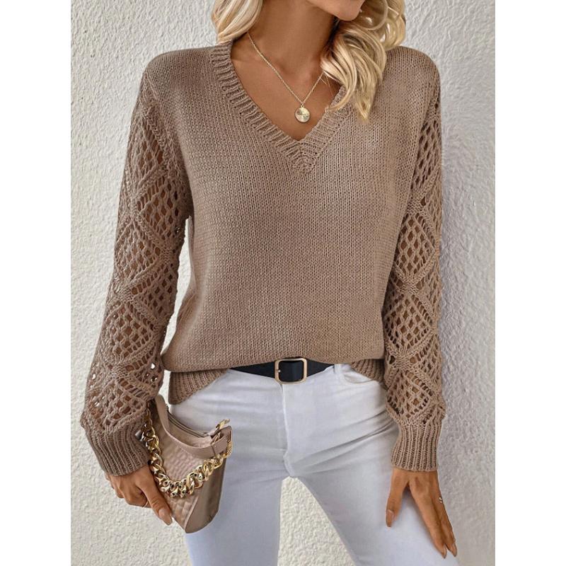 V-Ausschnitt Lochmuster Damen Strickpullover Einfarbig Langärmelige Pullover Neu Gemütlich Koreanischer Stil Damen Bequeme Kleidung