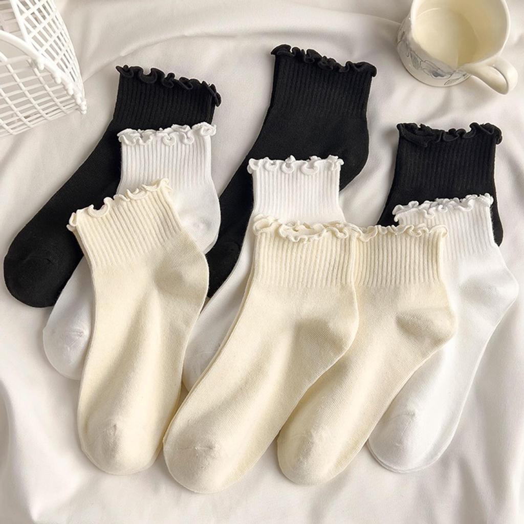 Women's Korean Style Lace Tube Socks, Perfect for Spring and Autumn. Trendy Japanese Inspired Long Socks with Wood Ear Edge.