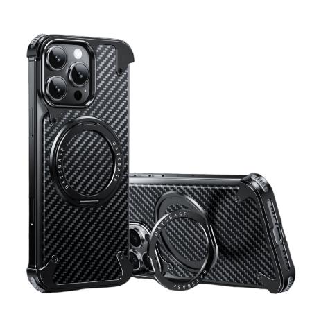 Luxury Business Men for iPhone 16 Pro Max Electroplated Metal Frame Carbon Fiber Textured Phone case with Magnetic Ring Stand