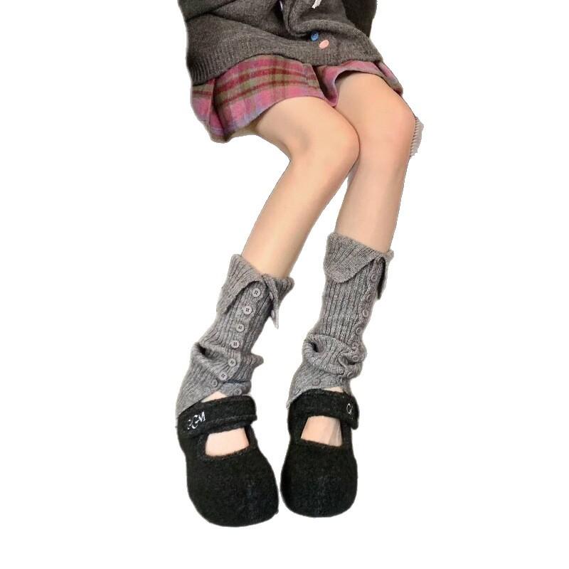 Autumn And Winter Split Button Stacking Socks Cover Women'S Knitted Warm Flanging Medium Tube Leg Guard Leg Cover Non-Slip Calf Socks